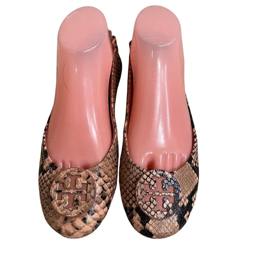 Tory Burch Pink‎ Minnie Travel Snake Print Leather Reva Ballet Flats Size 8
